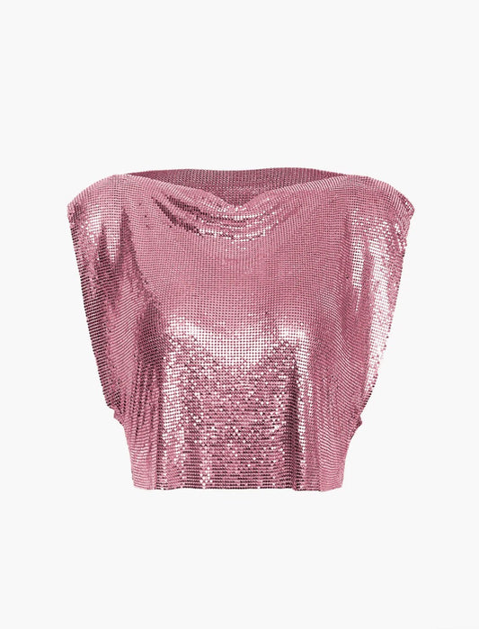 Pink shimmering top photographed flat on a white background